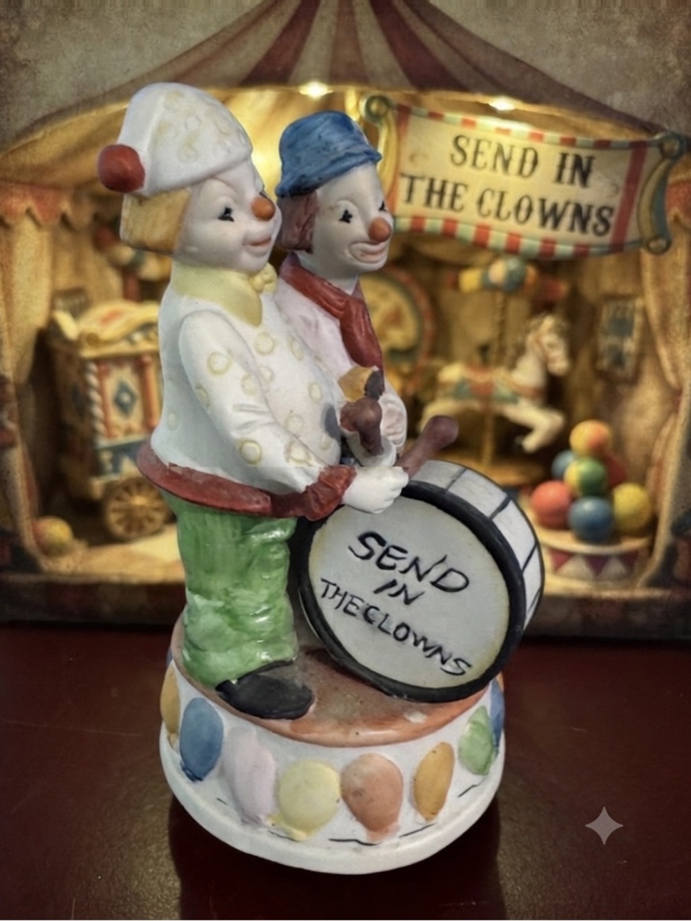 Vintage 1970s ALBERT E PRICE Porcelain Clown Music Box - Send in the Clowns.